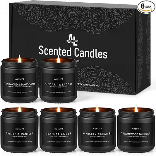 6 Pack Scented Candles for Home, 3.5oz Natural Soy Wax Candles Gift Set,Each 25H Burn, Aromatherapy Candles for Men (Mahogany/Vanilla/Sandalwood/Leather/Cedar/Whiskey)