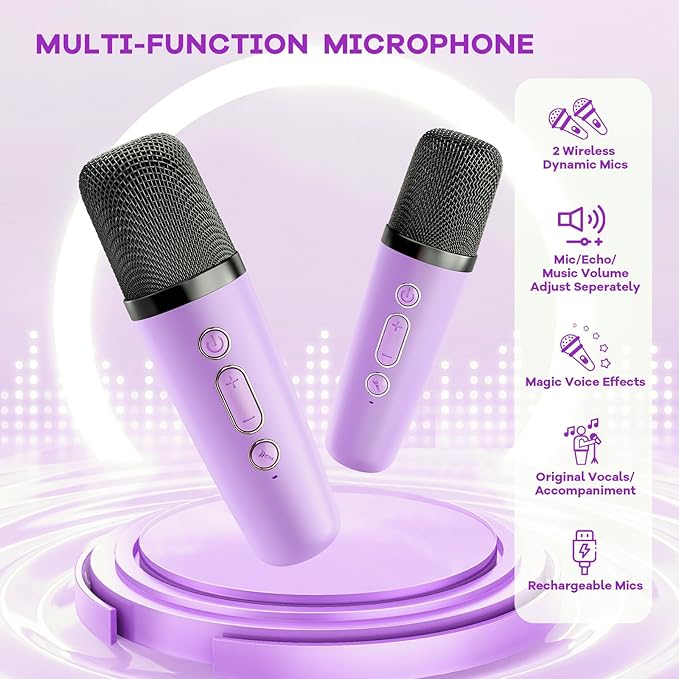 Karaoke Machine for Kids, Portable Mini Speaker with 2 Wireless Microphones, 2026 TOP Kids Gifts for Girls Ages 3, 4, 5, 6, 7, 8, 9, 10, 12 +Years Old, 4-12th Birthday Present Toy Party (Purple)