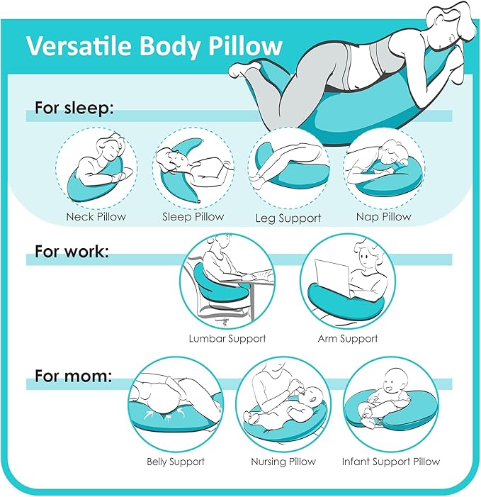 BYRIVER Firm C Shaped Body Pillow for Side Sleeping Women Men, Cooling Pregnancy Pillows for Sleeping, Washable Jersey Cotton Cover, Gifts for New Mom Women (Little Shark)