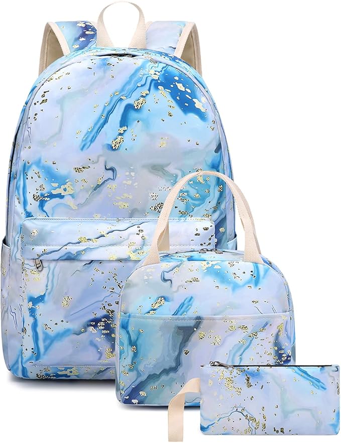 Bluboon Teen Girls School Backpack Kids Bookbag Set with Lunch Box Pencil Case Travel Laptop Backpack Casual Daypacks (Blue-white)