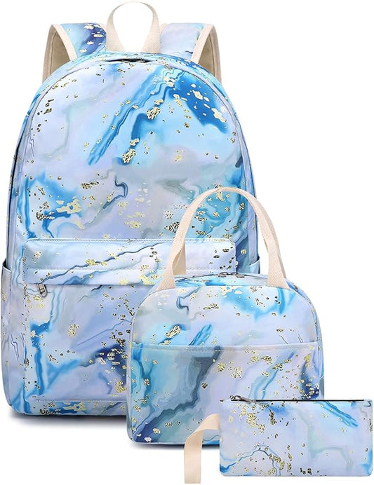 Bluboon Teen Girls School Backpack Kids Bookbag Set with Lunch Box Pencil Case Travel Laptop Backpack Casual Daypacks (Blue-white)
