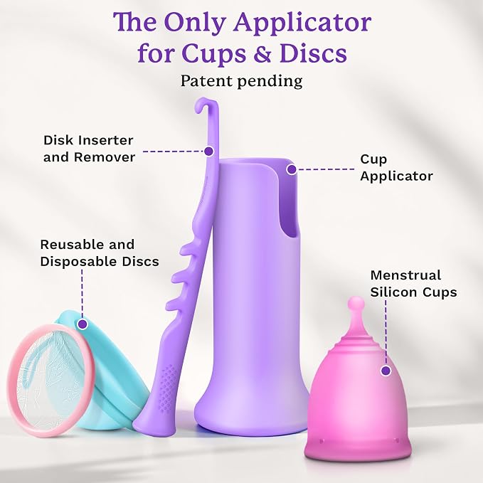 Ecoblossom Menstrual Cup & Disc Applicator Tool - Comfortable & Easy Insertion & Removal - Compatible with Most Period Cups and Discs (Purple)