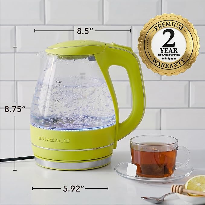 OVENTE Electric Kettle, 1.5L Borosilicate Glass Countertop Water Heater and Boiler for Coffee or Tea, BPA-Free, Auto Shut-Off, Boil-Dry Protection, Removable and Washable Spout Filter, Green KG83G