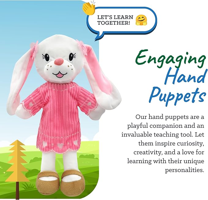 Sharewood Forest Friends Brie The Bunny Hand Puppet - Stuffed Animal for Toddlers, Kids, Teachers, Daycare & School - Perfect for Puppet Theatre and Creative Play