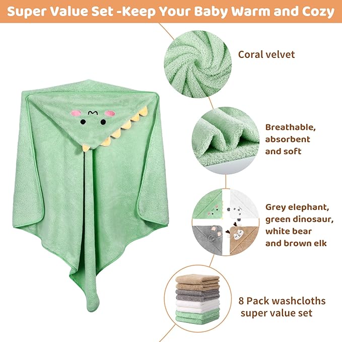 12 PCS Baby Bath Towels Set for Infants Toddlers, 4 PCS Animal Hooded Baby Towels & 8 PCS Washcloths Set, Ultra Absorbent Cute Soft Newborn Bath Essentials Gifts for Boys & Girls