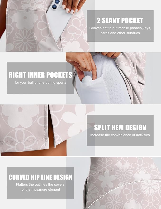 PINSPARK 20" Skorts for Woman Knee Length UPF 50+ Golf Skirts | 4 Pockets, Built-in Shorts, High Waisted, Split Hem, Silky-smooth, Moisture-wicking, for Golf Athletic Tennis Workout Casual