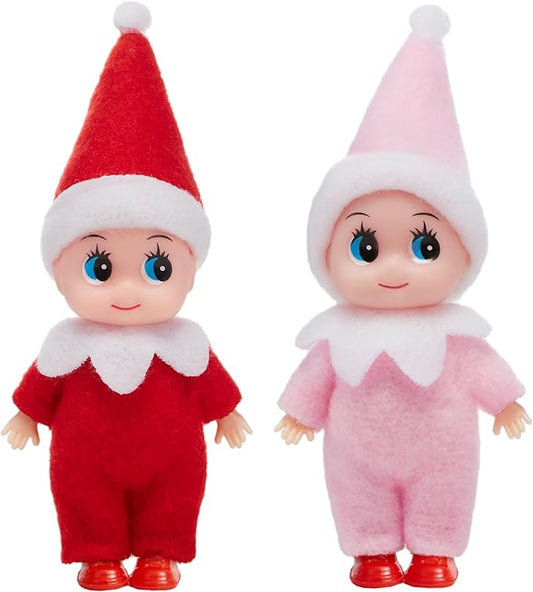 JOYIN 2PCS Christmas Elf Plush Doll, Red and Pink Tiny Soft Plush Elf Doll Accessories for Christmas Holiday Decorations, Dress-Up Party.
