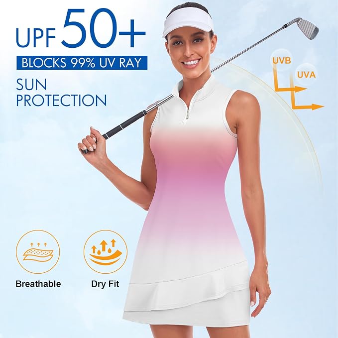 Viracy Tennis Dress for Women Sleeveless Golf Dresses with Shorts and Pockets Ruffle Zip Up Stand Collar Golf Outfits