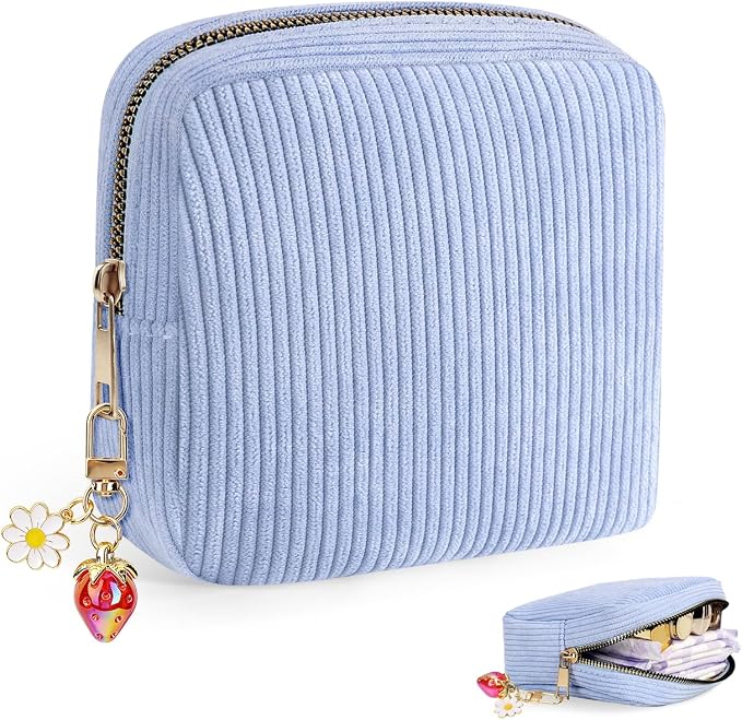 Corduroy Period Pouch with Strawberry Charm Small Discreet Sanitary Napkin Storage Bag Cute Menstrual Pad Pouch Tampon Bag for Purse Zipper Makeup Bags for Women Blue