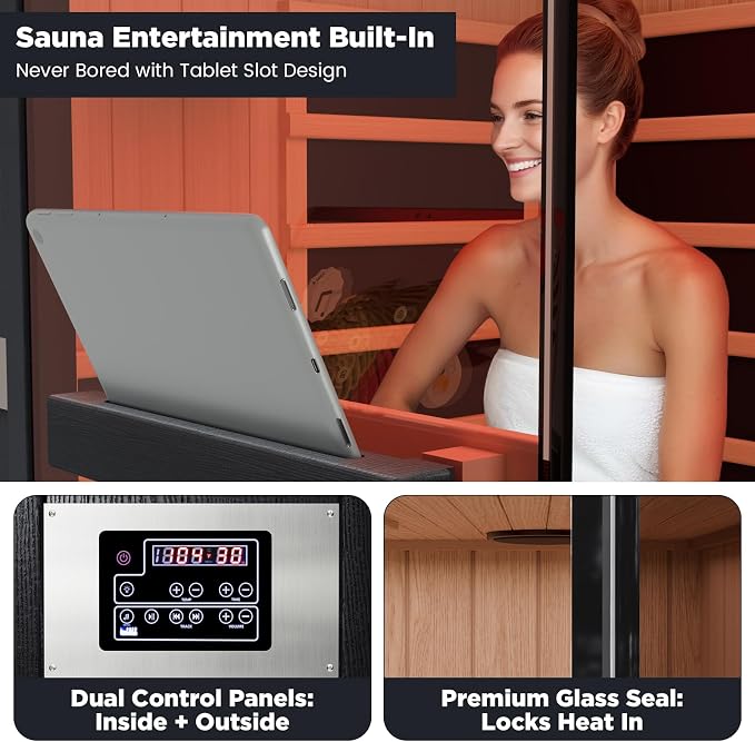 2-Person FAR Infrared Sauna for Home & Gym, Himalayan Salt Rocks Plus 12" * 12" Red Light Therapy & 2 Speakers, 1990W Canadian Hemlock Wood Indoor Dry Spa