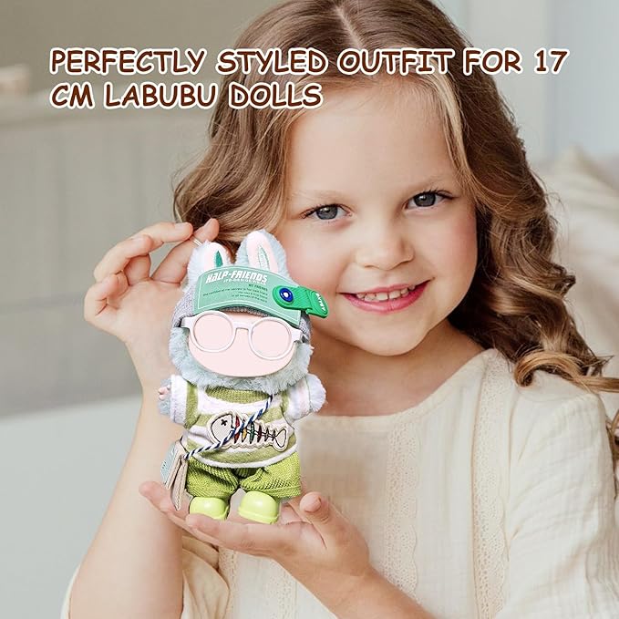 17cm Doll Clothes Set (6-Pcs Outfit), Stylish Clothing for Bunny Doll with Top, Pants, Shoes & Accessories, Just Clothes