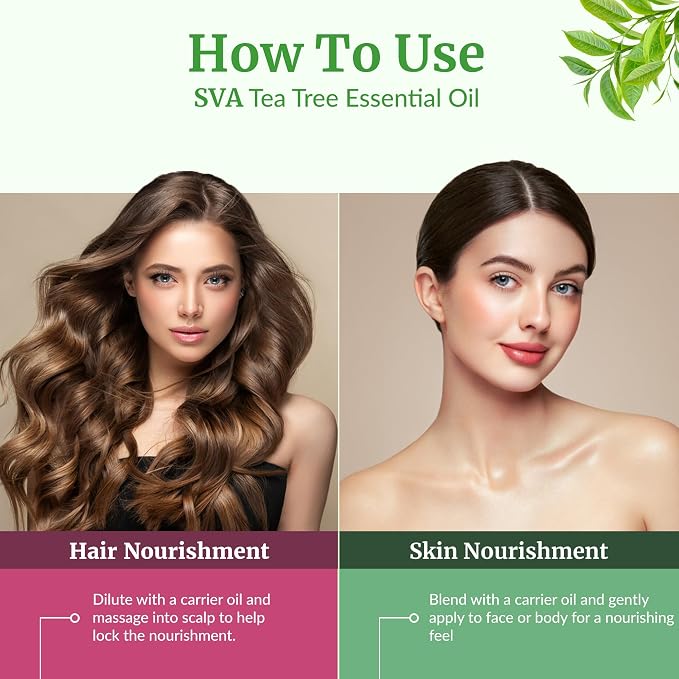 SVA Tea Tree Essential Oil 1 Fl Oz – for Diffuser, Skin & Hair Care – Ideal for Massage & DIY Blends – with Dropper