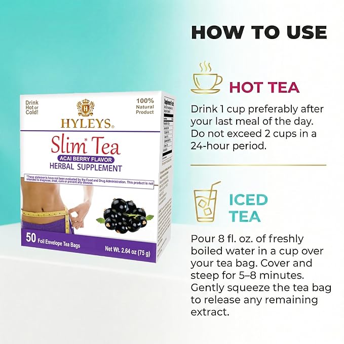 Hyleys Slim Tea Acai Berry 50 Ct - Weight Loss Herbal Supplement Cleanse and Detox - 50 Tea Bags (6 Pack)