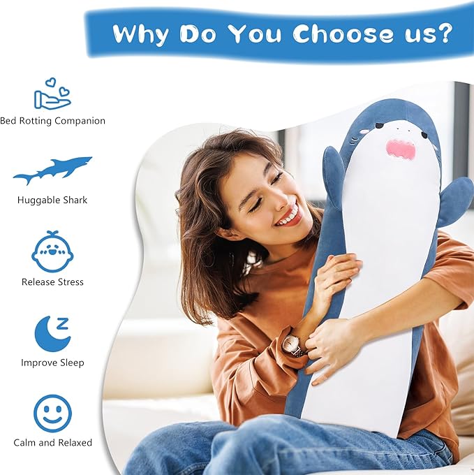 Large Shark Plush,33.5" Cute Plushies Long Shark Stuffed Animal,Weighted Shark Plush Toys,Cuddly Sleeping Hugging Pillows, Soft Giant Body Pillow,Shark Plushy Gift at Birthday Kids Adults