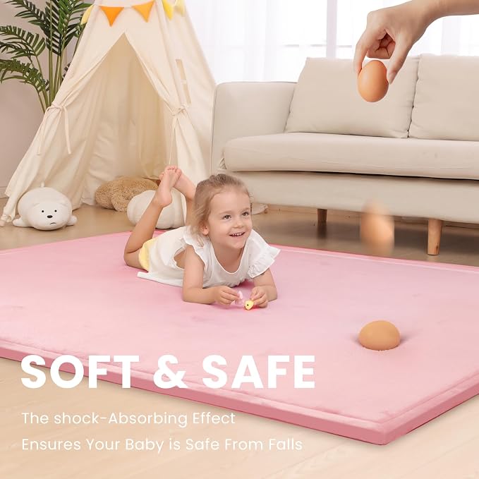 Huloo Sleep Ultra Soft Baby Play Mat for Floor, 1.3" Thick Elasti-Foam 59x59 Play Mat for Playpen,Water-Repellent Coral Velvet for Tummy Time, Non-Slip Backing,Safe for Toddlers & Infants（Pink）
