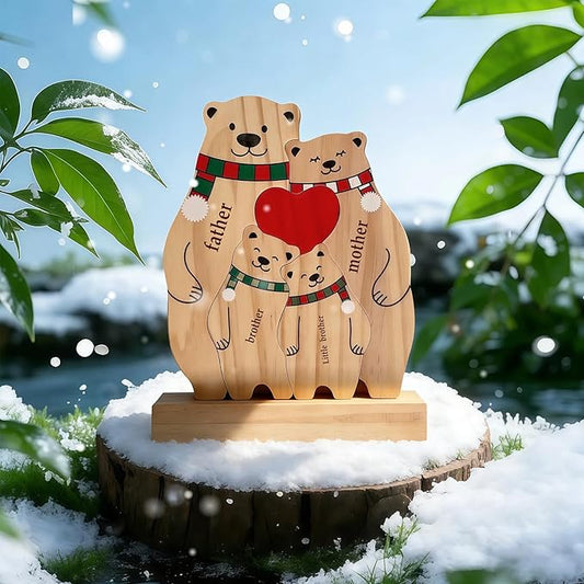 Personalized Wooden Bear Family Puzzle with 2-6 Names - Custom Bear with Scarf Art Figurine for Mom Grandma - Cute Christmas Winter Home Decor Gift for Housewarming Birthday