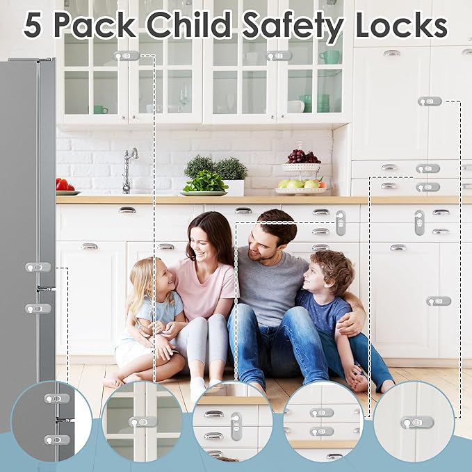 5 Pack Child Proof Refrigerator Lock, Baby Proofing Cabinet Locks, Oven Lock Child Safety. Adhesive Fridge Locks for Kids, Dishwasher, Cupboard, Closet Doors - No Drilling or Tools (Grey)