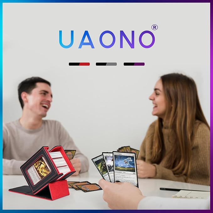 UAONO Card Deck Box with MTG Commander Display, Deck Case Holds 100+ Double-Sleeved Cards, Trading Card Storage Box Fits TCG/PTCG/Sports Card with 2 Dividers, 1 Top Loaders (Black, Red)