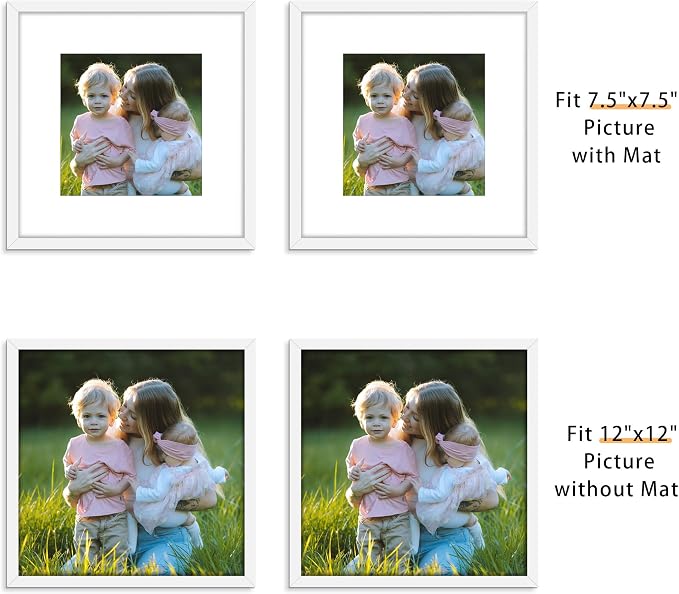 Picrit 12x12 Picture Frame Set of 12, Display 8x8 with Mat or 12 x 12 without Mat, Photo Frames for Wall Mounting Display, White