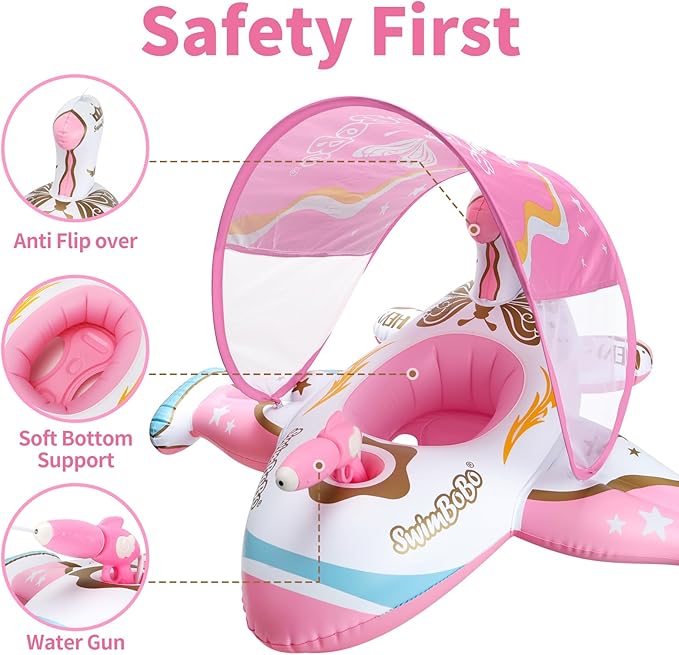 Swimbobo Toddler Pool Float Inflatable Car Baby Swim Float with Adjustable Sun Canopy and Safety Seat Pool Toys for Kids 3+ Years Old(Pink Airplane)