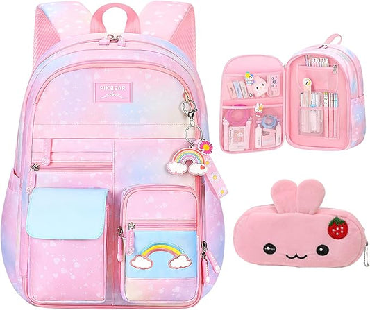 Pink Kawaii Backpack Starry Rainbow Bookbag Cute Large Capacity Backpack Multifunction Fashion Casual Laptop Travel Bag For Girl (Pink-17inch)