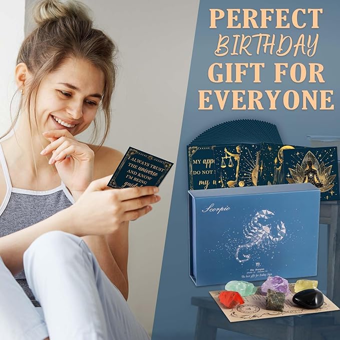 Faivykyd Scorpio Crystals Gifts for Women, 6 Scorpio Zodiac Healing Stones w/50 Miracle Mantras Affirmations Cards, Spiritual Gifts for Positive Energy, Self-Love & Wealth