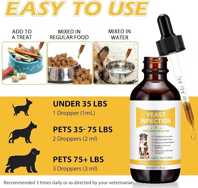 Yeast Infection Treatment for Dogs - Natural Dog Ear Infection Drops for Itch & Allergy Relief, Soothes Skin Inflammation, Dog Yeast Infection Treatment for All Breeds & Sizes, 2 fl oz