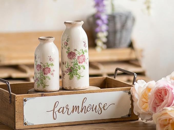 Vintage Rose-Floral Small Ceramic Vase Set, Retro Rustic Farmhouse Cute Flora Vase Gift, Art Décor for Your Home, Kitchen, Bedroom, Office, Living Room, Bathroom & Shelf Centerpiece Table Decorations