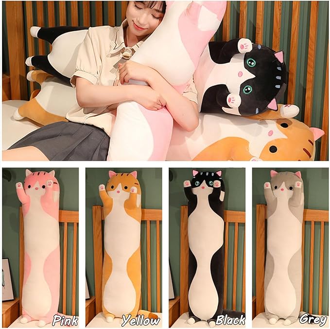 Long Cat Plush Pillow Soft Cat Hugging Pillow Stuffed Animal Pillow Cute Kitty Sleeping Throw Pillow Gift for Kids(130cm/51.18inch,Black