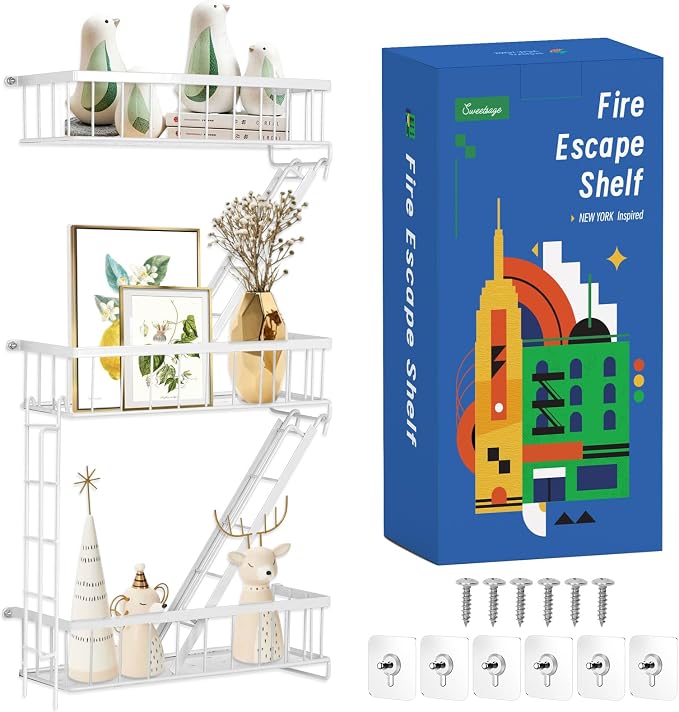 Fire Escape Shelf - 3 Tier White Wall Display Floating Shelves, Metal Decorative Shelving for Bedroom, Home Décor, Action Figure Display