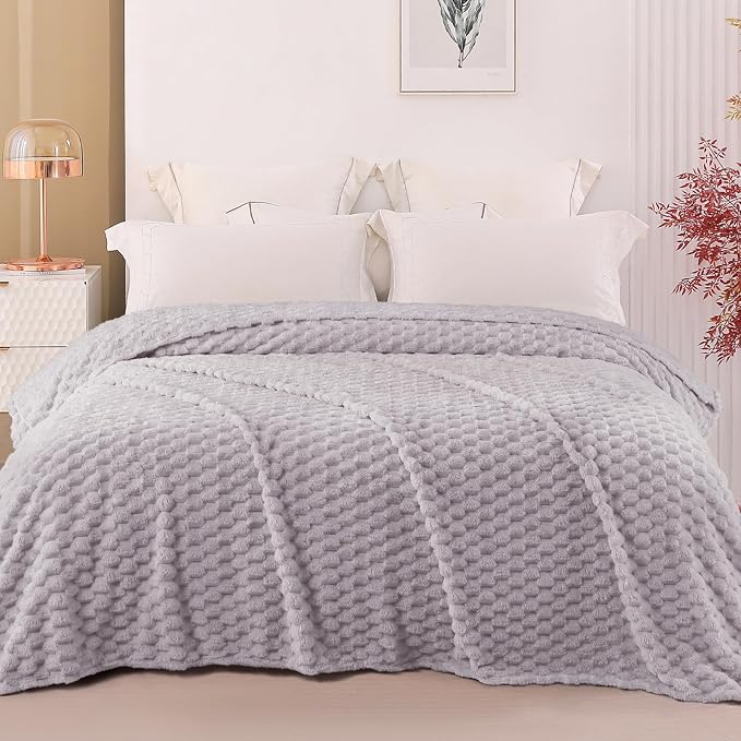 Exclusivo Mezcla 3D Fleece Queen Size Blanket for Bed, Light Grey | Extra Soft Fuzzy Plush Lightweight Bed Blankets, Cozy Fluffy Decorative Blankets for All Seasons, 90x90 Inches