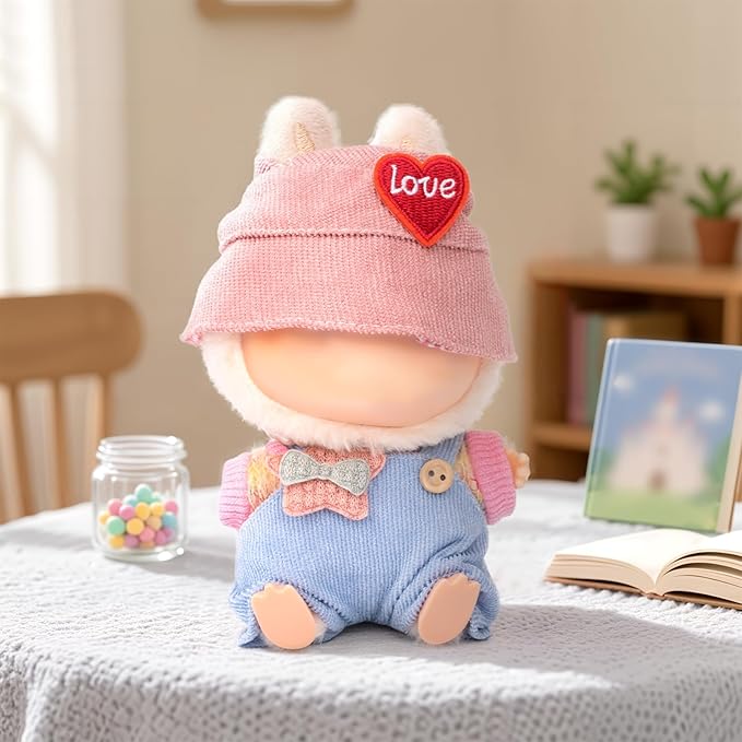 Handmade 17cm Doll Clothes - Kawaii Chic Style Set, Cute Doll Outfit with Accessories, Star Light Blue Romper + Heart Shaped Pink Hat + Colorful T-Shirt