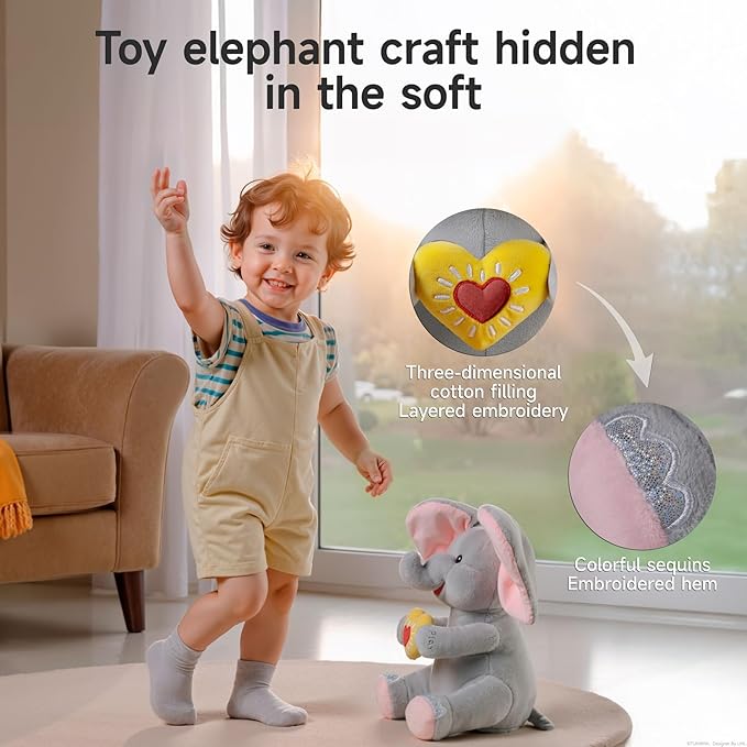 Peek a Boo Elephant Toy, Interactive Singing Plush Elephant Toy with Flapping Ears and Hearts, Musical Stuffed Animal for Babies and Toddlers