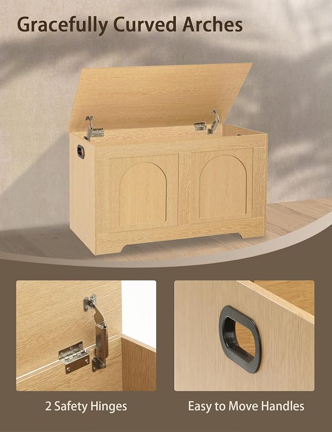 Storage Chest, Wooden Toy Box, Natural 31.5" L | Entryway Shoe Bench, 2 Soft-close Hinges, Finger-safe Flip-Top Lid, Easy Assembly, Farmhouse Large Trunk, Living Room/Bedroom