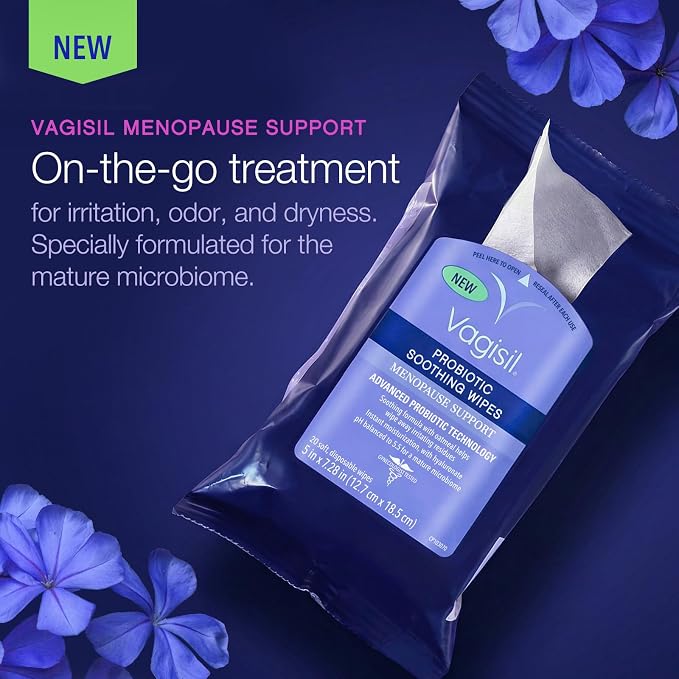 Vagisil Menopause Support Probiotic Wipes for Women, Hyaluronate & Oatmeal, Soothing for Mature Microbiome, Light Botanical Scent, 20 Count