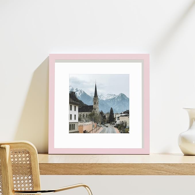 Vittanly 12x12 Picture Frames Set of 9 for Wall Mounting, Pink | Display Pictures 8x8 with Mat or 12x12 without Mat for Wall Mounting, Square Photo Frames for Home Decor, Engineered Wood