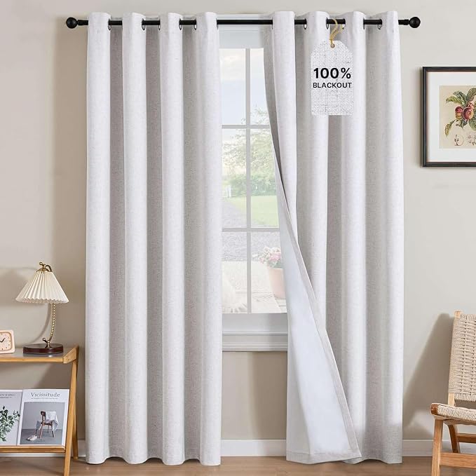 H.VERSAILTEX Linen Curtains 100% Blackout Curtains for Bedroom 84 inch Long Full Light Blocking Nature Linen Blended Window Curtains for Living Room Nickel Grommet (2 Panels, Heathered White)