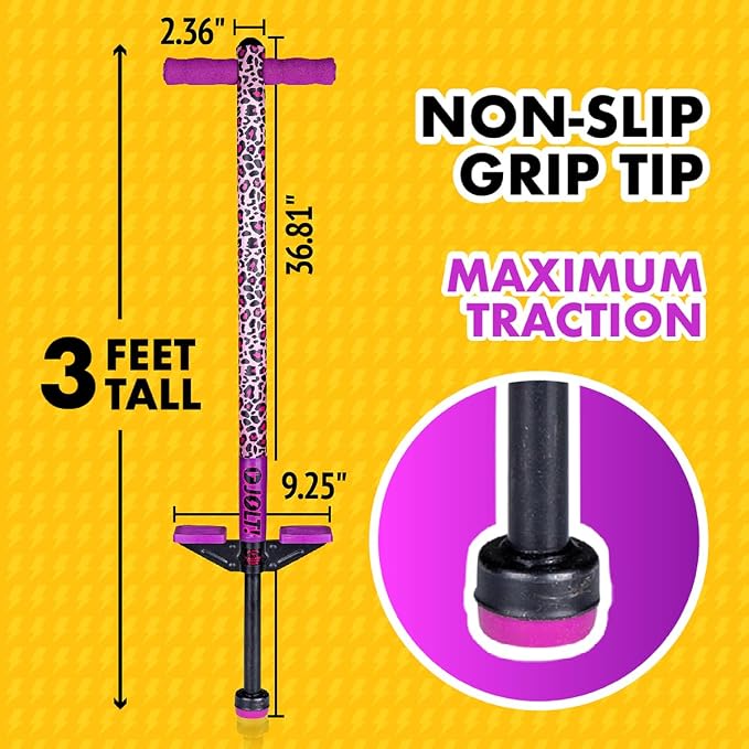 Flybar Jolt Pogo Stick for Kids, Perfect for Beginners w/ Foam-Covered Metal Frame, Handles & Padding, Non-Slip Foot Pads, Wide Tip, Outdoor Active Play Toy for Boys & Girls, Ages 6+, Leopard