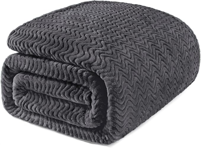 Exclusivo Mezcla Soft Fleece Blanket King Size for Bed, Sofa, Dark Grey | 90"x104" Breathable Lightweight Flannel Blanket for Summer, Plush Cozy Jacquard Wave for Home Decor