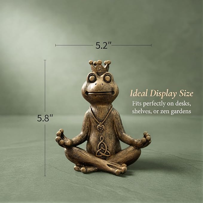 Meditating Zen Frog Statue Decor with Bonus Om Necklace - 5.8" Hand-Painted Resin Figurine - Yoga Room, Office Desk & Shelf Ornaments - Mindful Spiritual Gift for Women & Yoga Lovers（Gold）