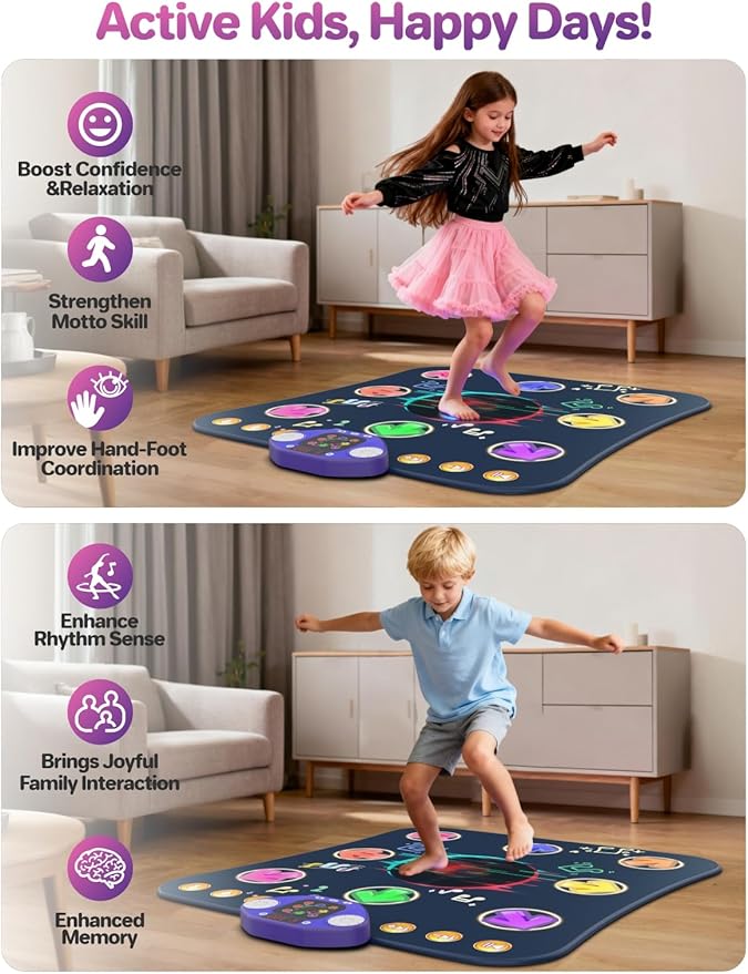Dance Mat Toys for 3-12 Year Old Kids,Bluetooth Dance Pad with Light-Up 8 Keys,Interactive Dance Game with 4 Modes,Non-Slip & Built-in Music,Christmas Birthday Gift for Girls,Boys,Blue