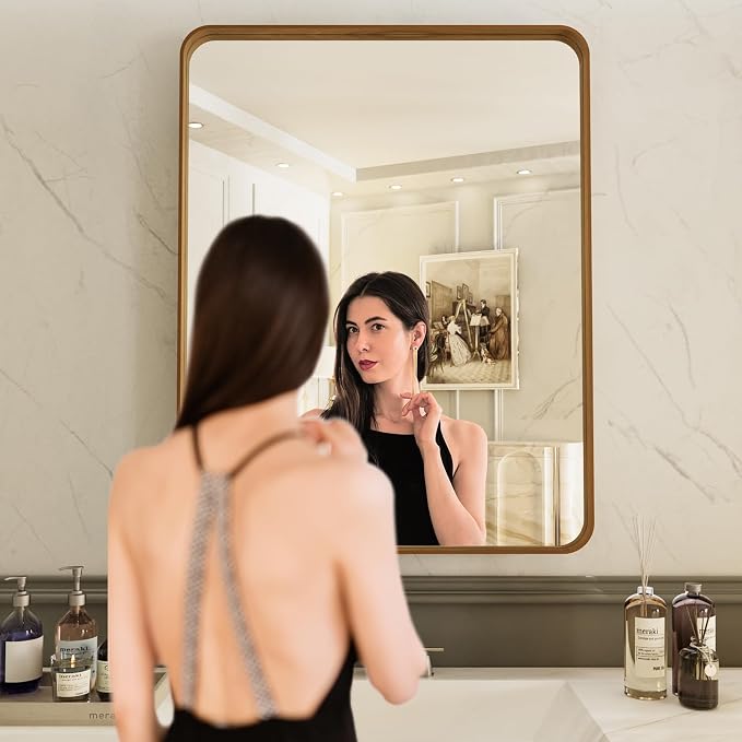 LOAAO 24X32 Inch Bathroom Mirror with Wood Grain Colored Metal Frame, Rounded Rectangle Metal Framed Bathroom Mirror, Anti-Rust, Hangs Horizontally or Vertically | Rounded Rectangle, Anti-Rust, Hangs Horizontally or Vertically
