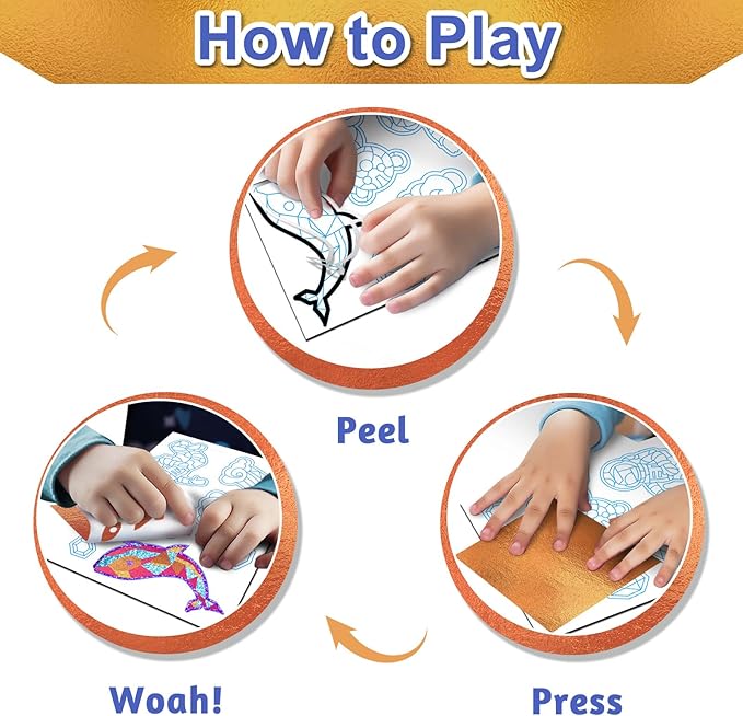 FLUXOJOY Foil Art Craft Kits for Kids, Mess -Free Fun Activity Set for Child, DIY Printing Craft Kits, Gifts for Ages 4 5 6 7 8 9 10 11 12 Years and Up, Art Supplier Travel Toys for Boys Girls