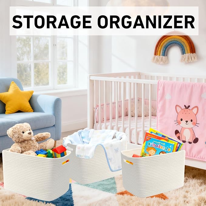 3 Pack Woven Baskets,Storage Baskets for Shelves with Handles | 13.5"×11"×9.5",Closet Baskets,Gift Basket,Nursery Organizer for Toys Towels Books,Storage Bin for Living Room Bedroom-White