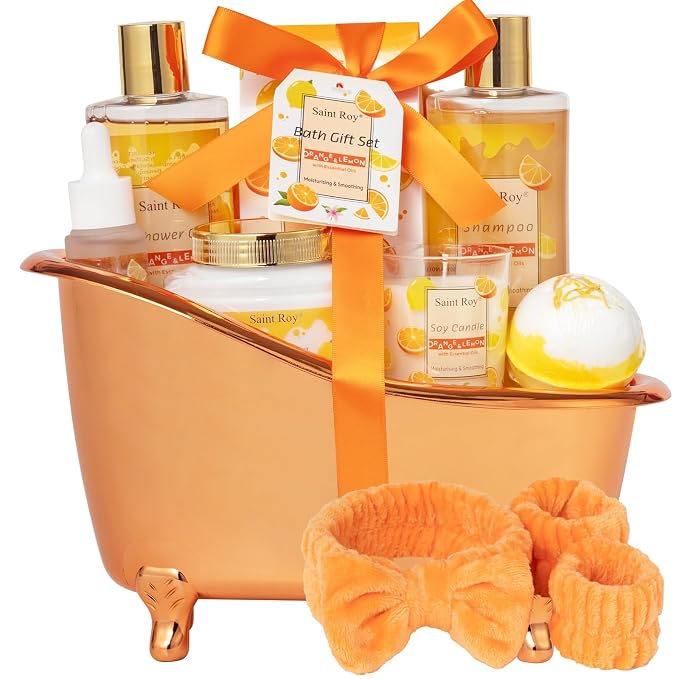 Orange spa gift set Great Gift, Spa Gifts for girls, Bath & Body care Set | Lemon Gift Baskets for Woman, 11pcs Bath Gift Set for Women, Birthday Gift Christmas Gifts for Women Citrus Spa Gift Basket