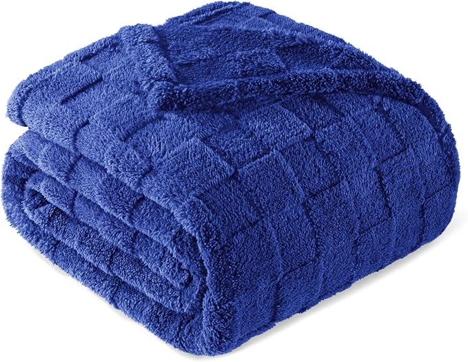 Exclusivo Mezcla 3D Checkered Fleece King Blanket for Bed, Cobalt Blue | Super Soft and Cozy Fluffy Blanket, Lightweigh and Breathable Blanket for Living Room, Bedroom, Decor, All Season, 104"x90"