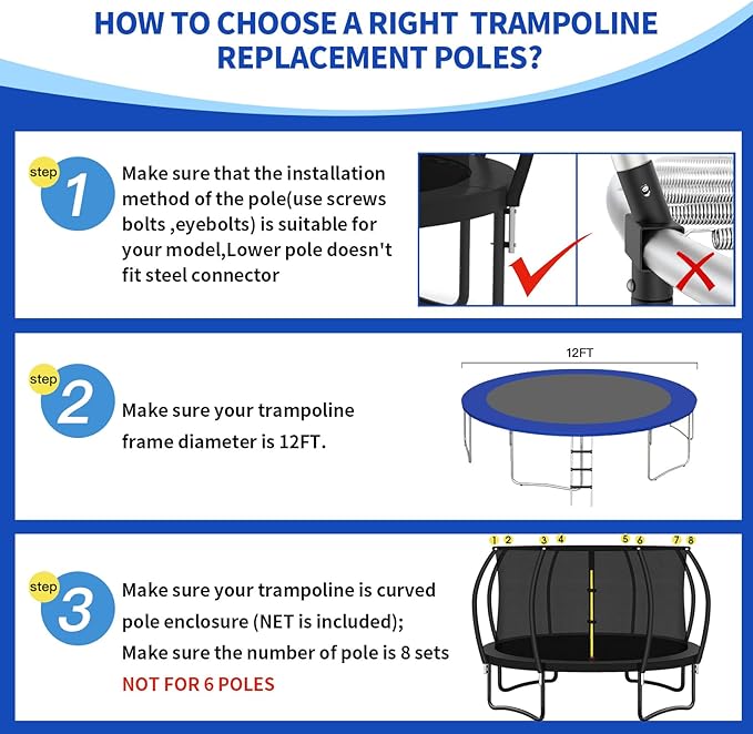 12Ft 8 Pcs Trampoline Curved Poles Replacement with Enclosure Net, Trampoline Curved Pole, Plastic T Connector, Fiberglass Rods, Mounting Hardware, Foam Covers