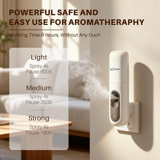 Waterless Essential Oil Diffuser, Plug-in Wall Aroma Machine with Simple Button Control for Bedroom, Bathroom & Kitchen, 25dB Ultra-Quiet, Works with Pure Aroma Oils