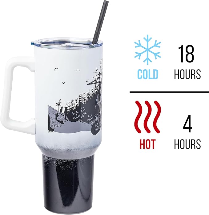 Silver Buffalo Disney Nightmare Before Christmas by Tim Burton Jack Skellington Hill and Moon Stainless Steel Tumbler with Handle and Straw, Fits in Standard Cup Holder, 40 Ounces (Pack of 12)