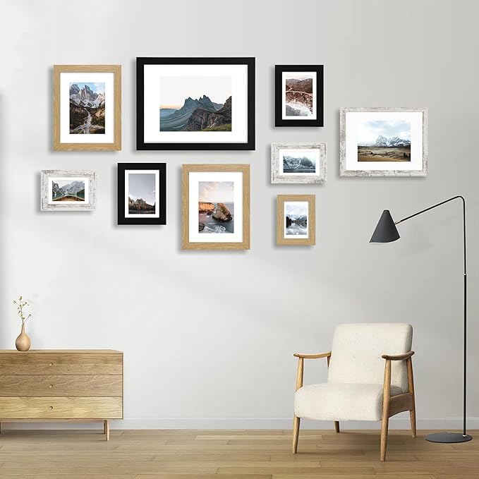 Hongkee 5x7 Picture Frame Set of 4, Made of Real Glass and Natural Oak Wooden Frame, 5 by 7 Photo for Wall or Tabletop - Display Picture 4x6 with Mat or 5x7 Without Mat